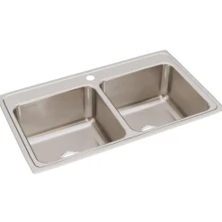 Elkay Lustertone Classic 37" Drop In/Topmount Stainless Steel Kitchen Sink, 50/50 Double Bowl, Lustrous Satin, 1 Faucet Hole, DLR3722101