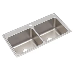 Elkay Lustertone Classic 43" Drop In/Topmount Stainless Steel Kitchen Sink, 50/50 Double Bowl, Lustrous Satin, 1 Faucet Hole, DLR4322121
