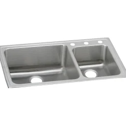 Elkay Lustertone Classic 37" Drop In/Topmount Stainless Steel Kitchen Sink, 60/40 Double Bowl, Lustrous Satin, 3 Faucet Holes, LFGR37223