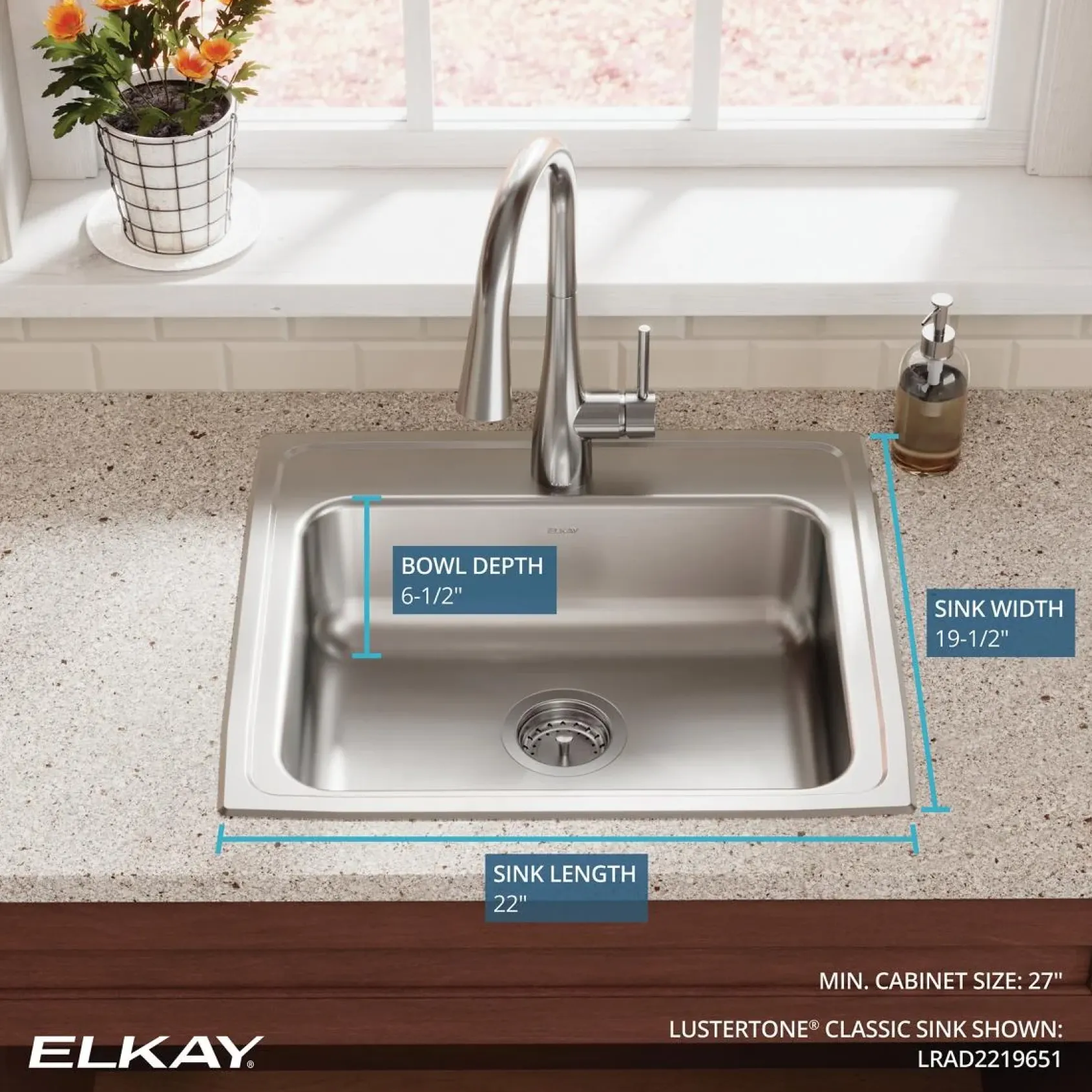 Elkay Lustertone Classic 22" Drop In/Topmount Stainless Steel ADA Kitchen Sink, Lustrous Satin, 1 Faucet Hole, LRAD2219651