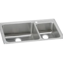 Elkay Lustertone Classic 37" Drop In/Topmount Stainless Steel Kitchen Sink, 60/40 Double Bowl, Lustrous Satin, 1 Faucet Hole, LFGR37221