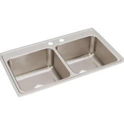 Elkay Lustertone Classic 37" Drop In/Topmount Stainless Steel Kitchen Sink, 50/50 Double Bowl, Lustrous Satin, MR2 Faucet Holes, DLR372210MR2