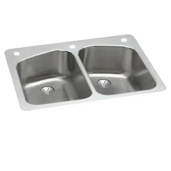 Elkay Lustertone Classic 33" Dual Mount Stainless Steel Kitchen Sink, 50/50 Double Bowl, Lustrous Satin, 3 Faucet Holes, Perfect Drain, LKHSR33229PD3