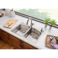 Elkay Lustertone Classic 33" Dual Mount Stainless Steel Kitchen Sink, 50/50 Double Bowl, Lustrous Satin, 3 Faucet Holes, Perfect Drain, LKHSR33229PD3