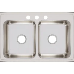 Elkay Lustertone Classic 33" Stainless Steel Kitchen Sink, 50/50 Double Bowl, 18 Gauge, Lustrous Satin, 3 Faucet Hole, LR33213