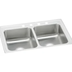 Elkay Lustertone Classic 33" Stainless Steel Kitchen Sink, 50/50 Double Bowl, 18 Gauge, Lustrous Satin, 3 Faucet Hole, LR33213