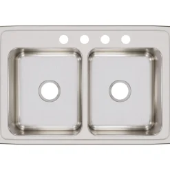 Elkay Lustertone Classic 33" Stainless Steel Kitchen Sink, 50/50 Double Bowl, 18 Gauge, Lustrous Satin, 4 Faucet Hole, LR33224