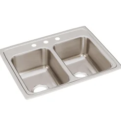 Elkay Lustertone Classic 25" Stainless Steel Kitchen Sink, 50/50 Double Bowl, 18 Gauge, Lustrous Satin, 3 Faucet Hole, LR25193