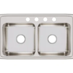 Elkay Lustertone Classic 33" Stainless Steel Kitchen Sink, 50/50 Double Bowl, 18 Gauge, Lustrous Satin, 4 Faucet Hole, LR33194