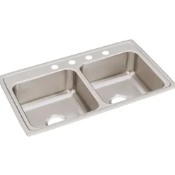 Elkay Lustertone Classic 33" Stainless Steel Kitchen Sink, 50/50 Double Bowl, 18 Gauge, Lustrous Satin, 4 Faucet Hole, LR33194