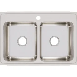 Elkay Lustertone Classic 33" Stainless Steel Kitchen Sink, 50/50 Double Bowl, 18 Gauge, Lustrous Satin, 1 Faucet Hole, LR33221
