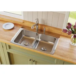 Elkay Lustertone Classic 33" Stainless Steel Kitchen Sink, 50/50 Double Bowl, 18 Gauge, Lustrous Satin, 1 Faucet Hole, LR33221