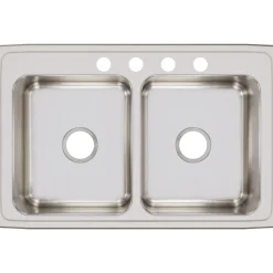 Elkay Lustertone Classic 33" Stainless Steel Kitchen Sink, 50/50 Double Bowl, 18 Gauge, Lustrous Satin, 4 Faucet Hole, LR33214