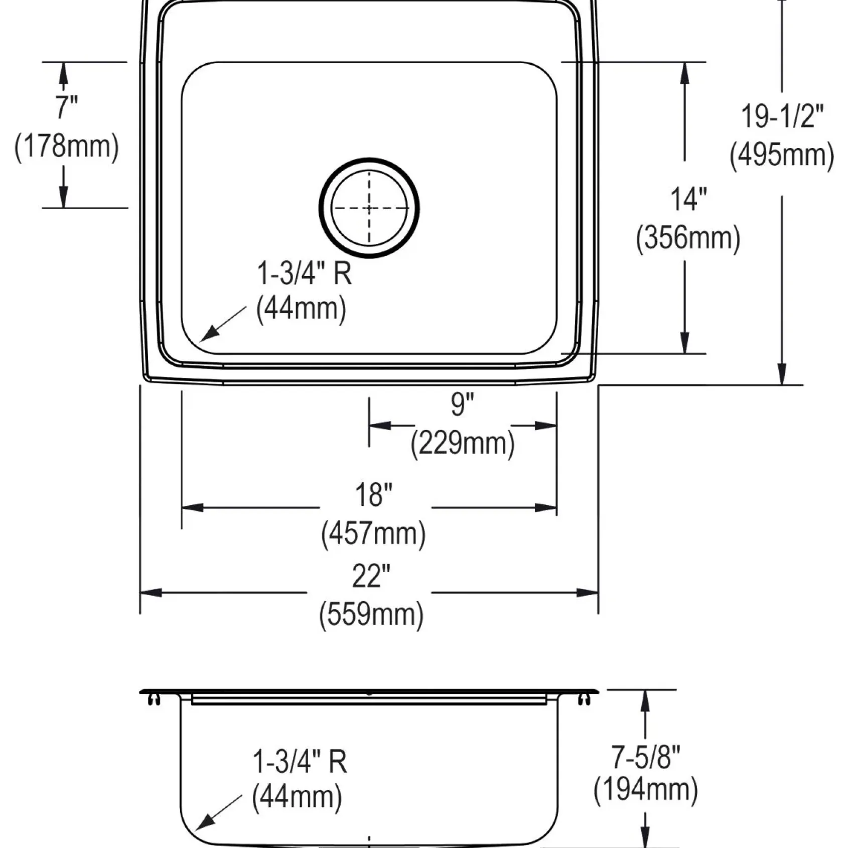 Elkay Lustertone Classic 22" Stainless Steel Kitchen Sink, 18 Gauge, Lustrous Satin, 1 Faucet Hole, LR22191