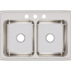 Elkay Lustertone Classic 33" Stainless Steel Kitchen Sink, 50/50 Double Bowl, 18 Gauge, Lustrous Satin, 3 Faucet Hole, LR33223