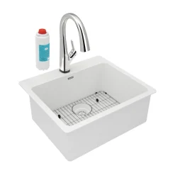 Elkay Quartz Classic 25" Drop In/Topmount Quartz Kitchen Sink Kit with Faucet, Single Bowl White, 5 Pre-scored Faucet Holes, ELG2522WH0FLC