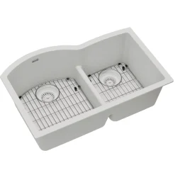 Elkay Quartz Classic 33" Undermount Quartz Kitchen Sink Kit, 60/40 Double Bowl, White, ELGHU3322RWH0C