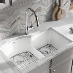 Elkay Quartz Classic 33" Undermount Quartz Kitchen Sink Kit, 60/40 Double Bowl, White, ELGHU3322RWH0C