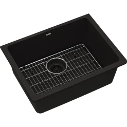 Elkay Quartz Classic 25" Undermount Quartz Kitchen Sink Kit, Black, ELGU2522BK0C