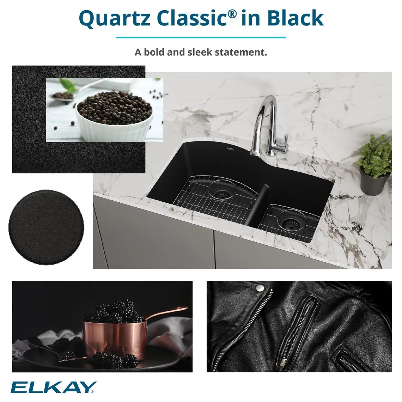Elkay Quartz Classic 25" Undermount Quartz Kitchen Sink Kit, Black, ELGU2522BK0C