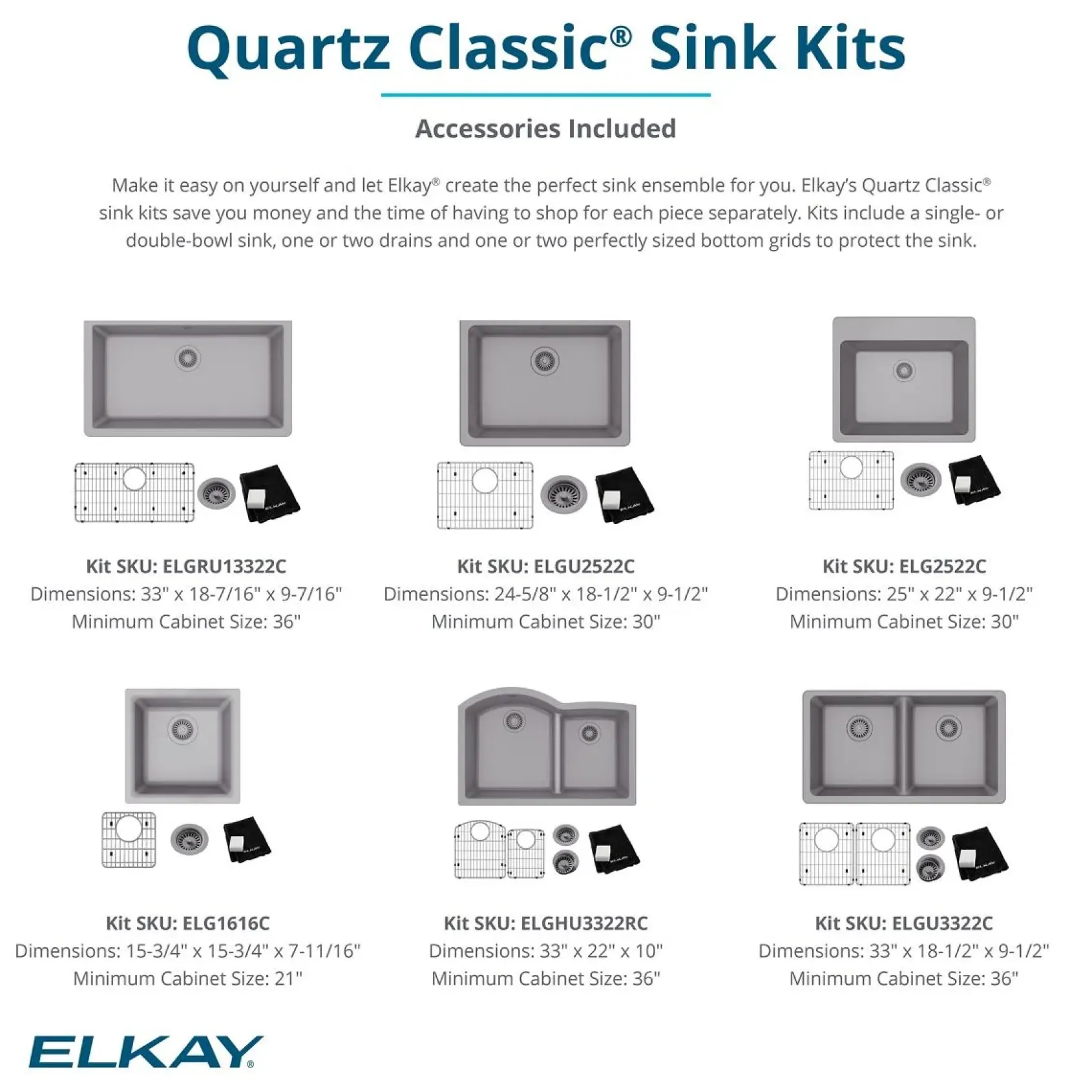 Elkay Quartz Classic 25" Undermount Quartz Kitchen Sink Kit, Black, ELGU2522BK0C