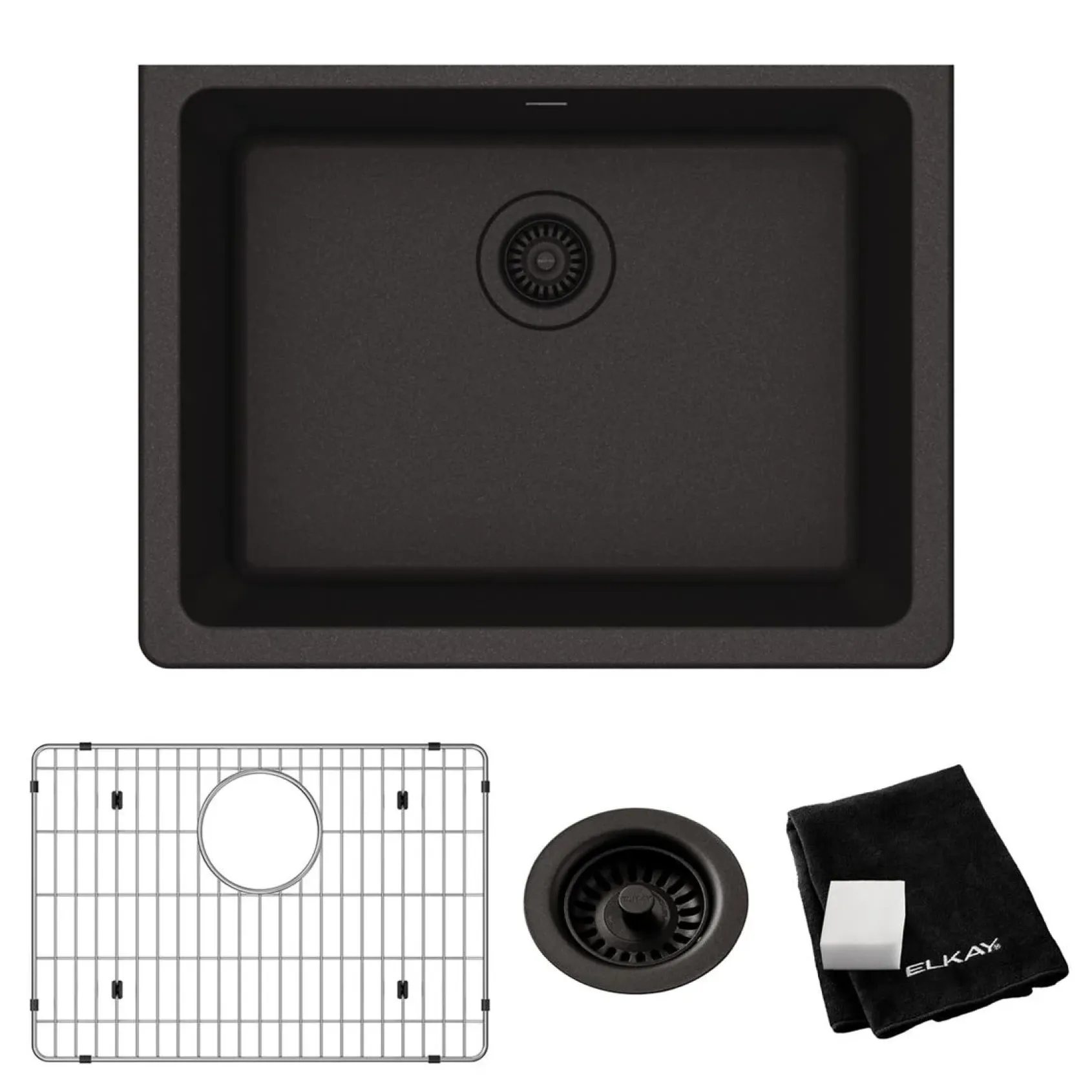 Elkay Quartz Classic 25" Undermount Quartz Kitchen Sink Kit, Black, ELGU2522BK0C