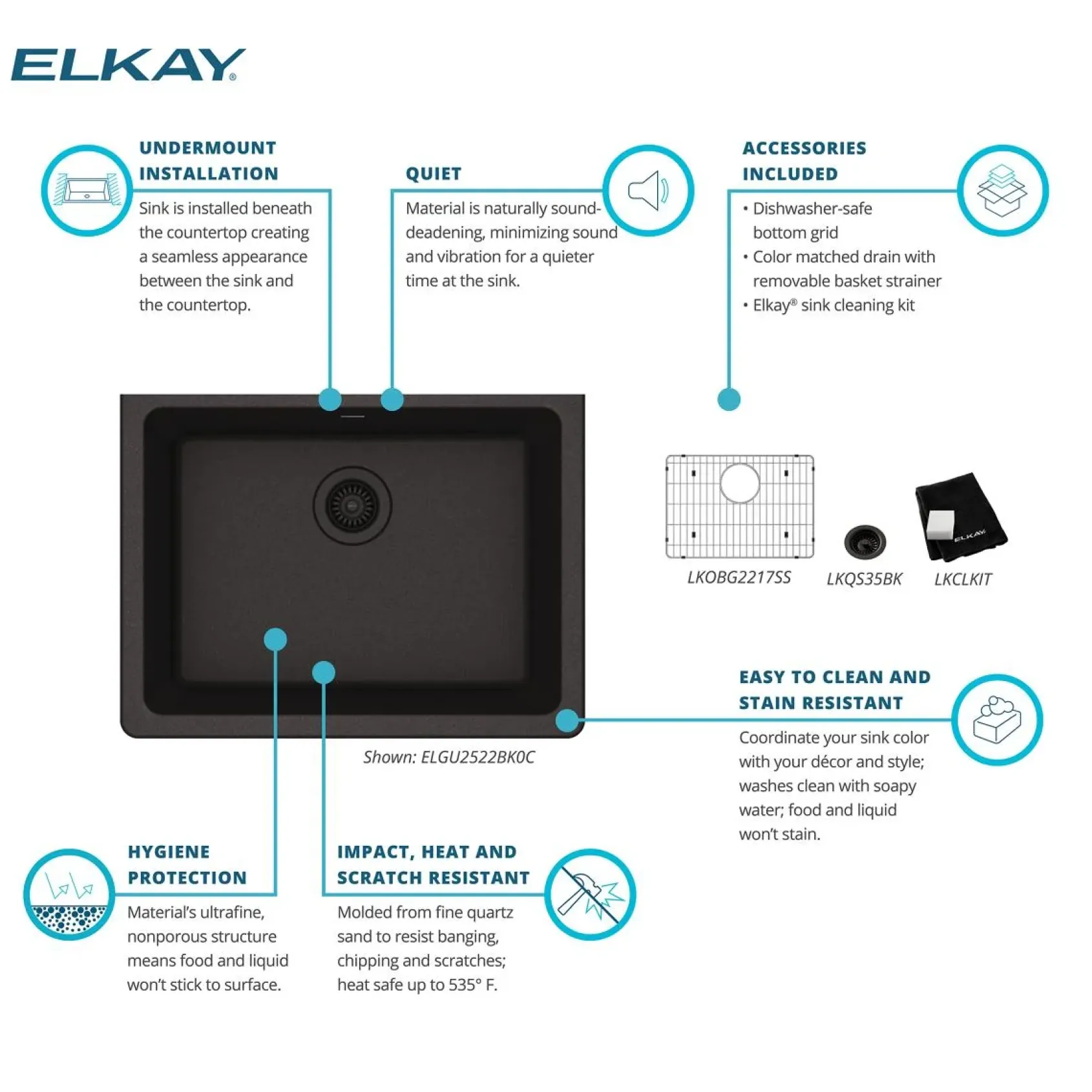 Elkay Quartz Classic 25" Undermount Quartz Kitchen Sink Kit, Black, ELGU2522BK0C