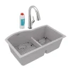 Elkay Quartz Classic 33" Undermount Quartz Kitchen Sink Kit with Faucet, 60/40 Double Bowl, Greystone, ELGHU3322RGSFLC