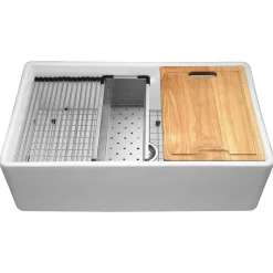 HamatUSA by Houzer Chelsea 33" Apron-Front Split-Level Workstation Single Bowl Fireclay Sink - White, CHE-3320SAW WH-C