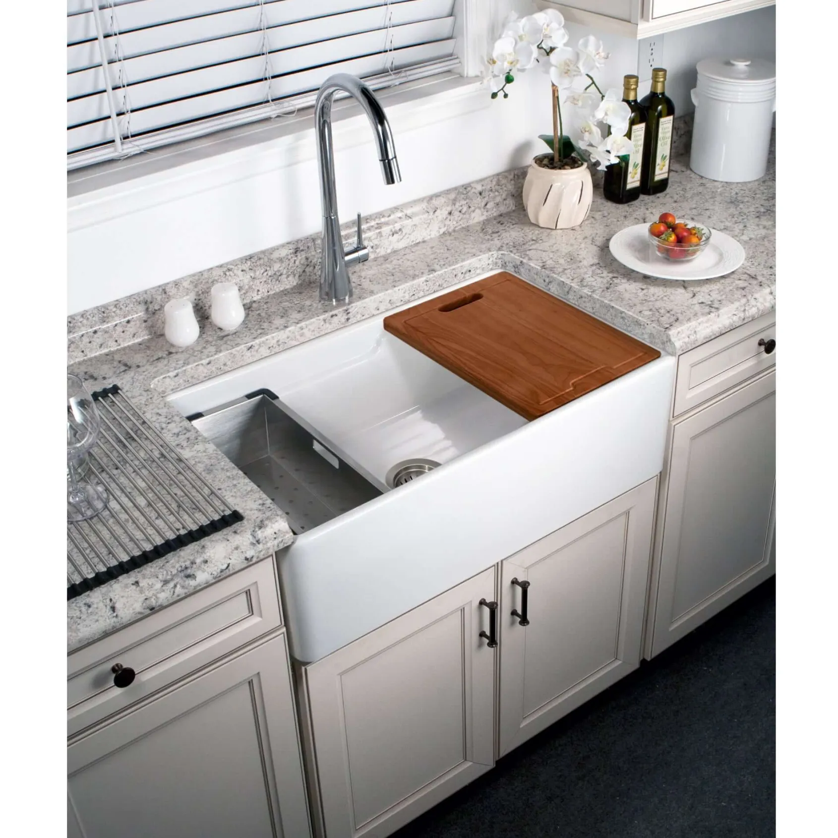 HamatUSA by Houzer Chelsea 33" Apron-Front Split-Level Workstation Single Bowl Fireclay Sink - White, CHE-3320SAW WH-C
