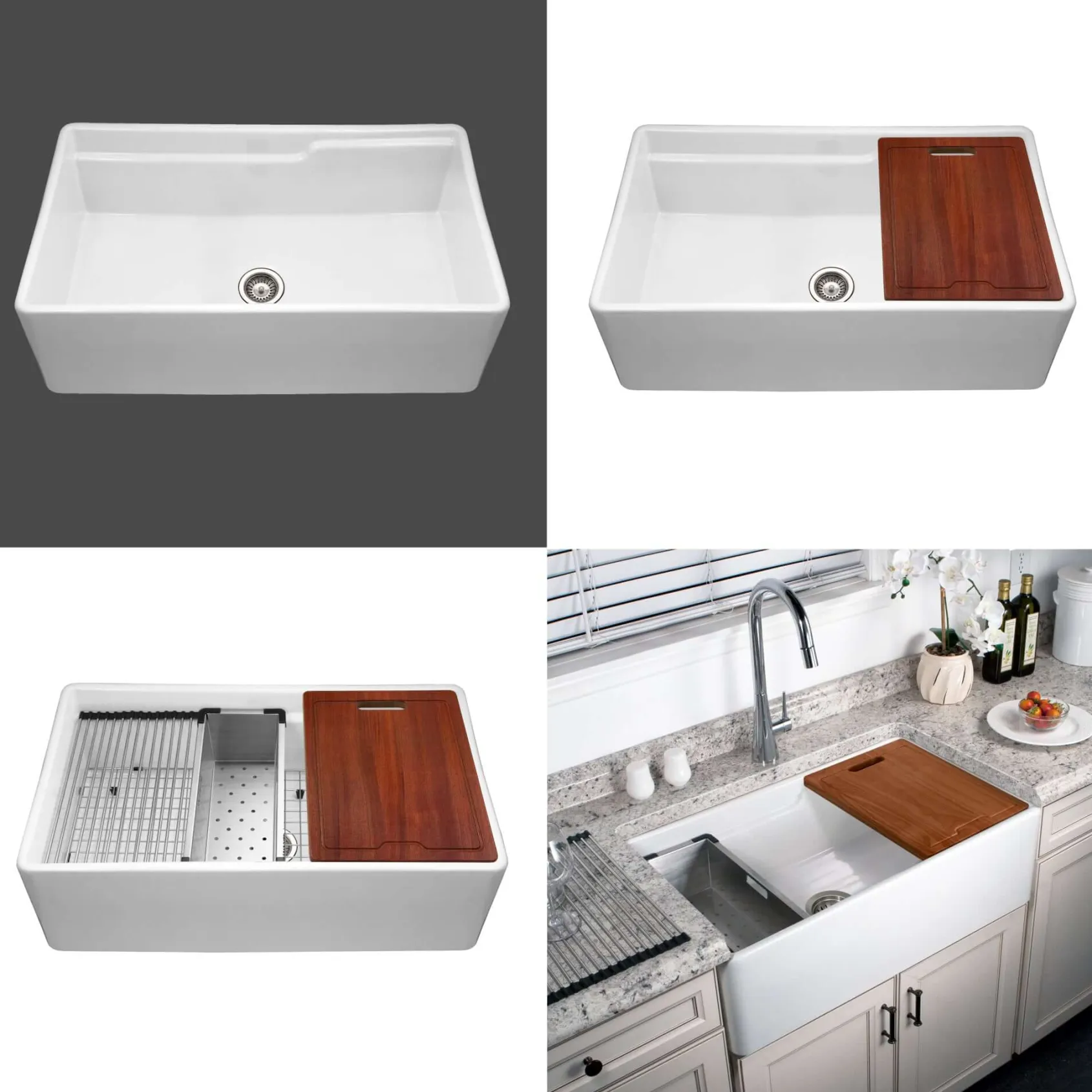 HamatUSA by Houzer Chelsea 33" Apron-Front Split-Level Workstation Single Bowl Fireclay Sink - White, CHE-3320SAW WH-C