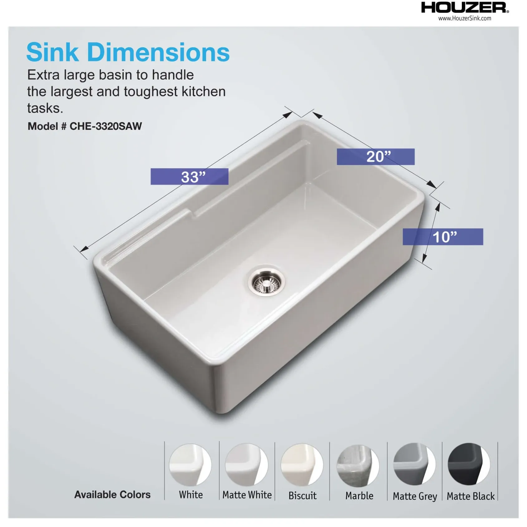 HamatUSA by Houzer Chelsea 33" Apron-Front Split-Level Workstation Single Bowl Fireclay Sink - White, CHE-3320SAW WH-C
