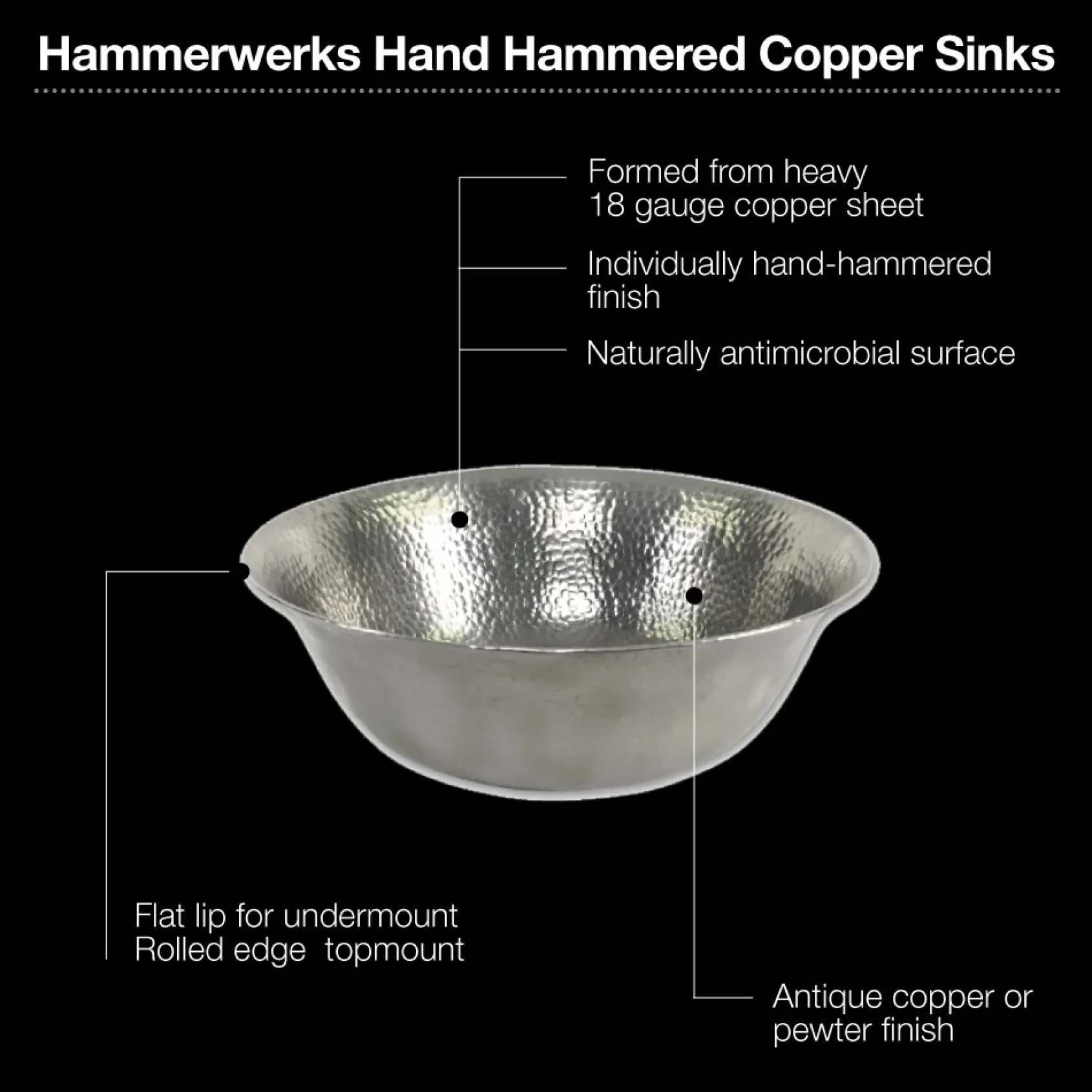 Houzer 16" Copper Bathroom Vessel Sink, Pewter, HW-SIE2V