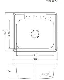 Houzer 25" Stainless Steel Topmount Single Bowl Kitchen Sink, 20 Gauge, 2522-8BS3-1