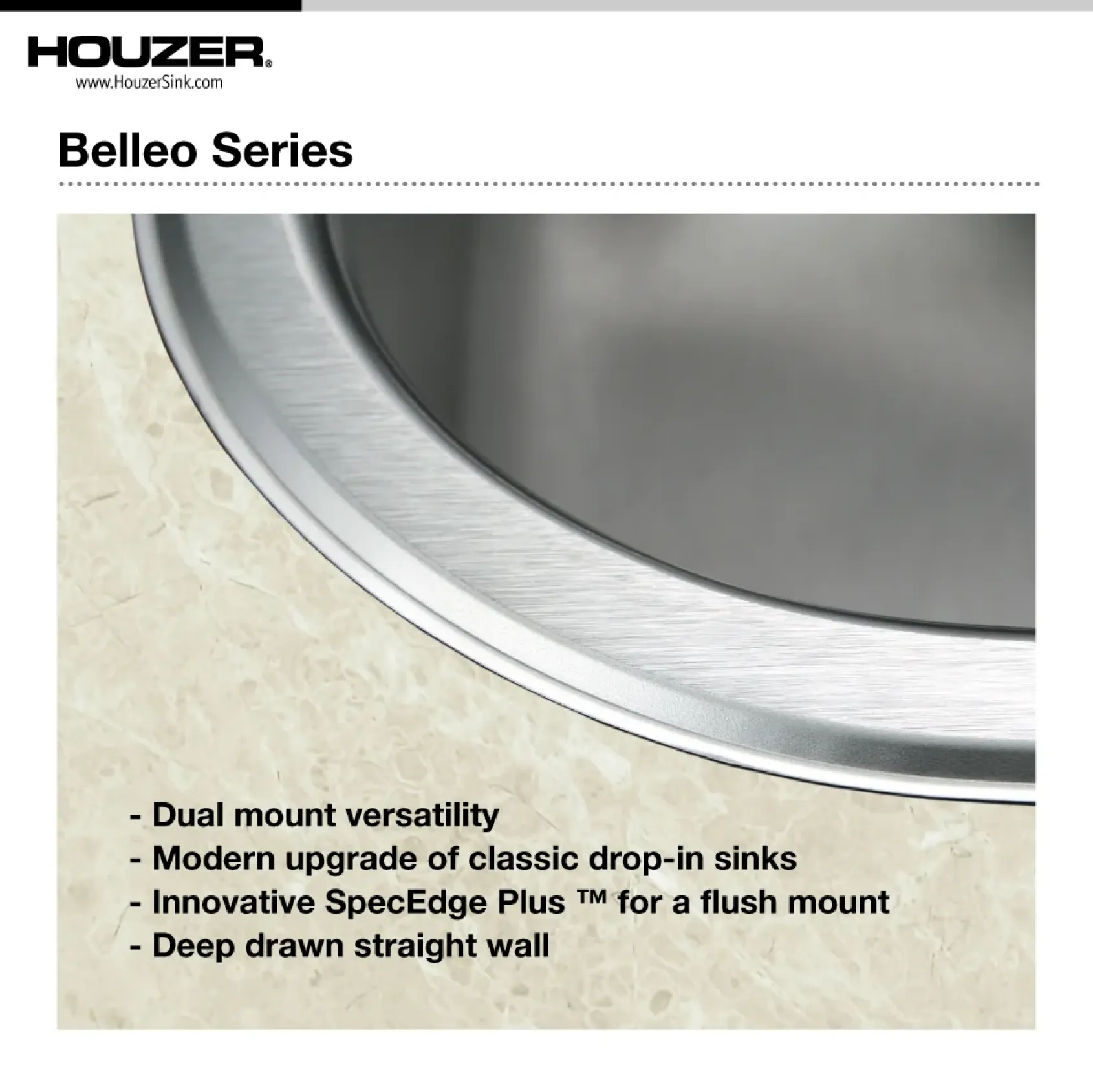 Houzer Belleo 18" Drop In/Topmount Stainless Steel Kitchen Sink, 50/50 Double Bowl, 18 Gauge, BSD-3209