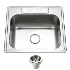 Houzer Glowtone 25" Stainless Steel Drop-in Topmount 3-hole Single Bowl 9 inch Deep Kitchen Sink with Strainer - 18 Gauge, 2522-9BS3-C