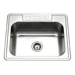 Houzer Glowtone 25" Stainless Steel Drop-in Topmount 3-hole Single Bowl 8 inch Deep Kitchen Sink with Strainer - 20 Gauge, 2522-8BS3-C