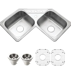 Houzer Legend 32" Stainless Steel Topmount 4-hole 50/50 Double Bowl Corner Kitchen Sink with Strainer & Grid - 20 Gauge, LCR-3221-C