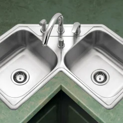 Houzer Legend 32" Stainless Steel Topmount 4-hole 50/50 Double Bowl Corner Kitchen Sink with Strainer & Grid - 20 Gauge, LCR-3221-C
