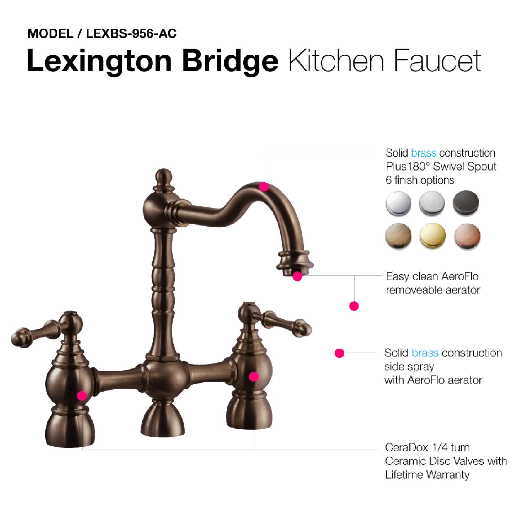 Houzer Lexington Bridge Kitchen Faucet with Sidespray Antique Copper, LEXBS-956-AC