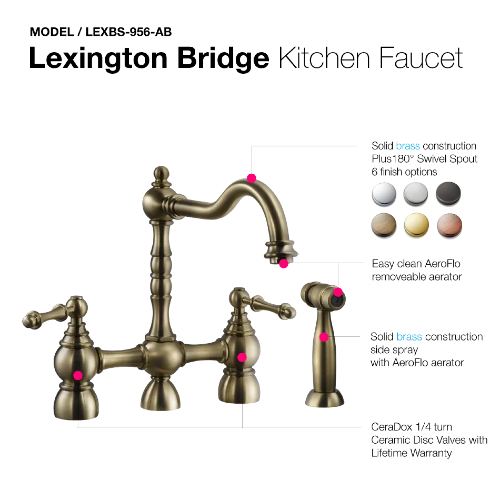 Houzer Lexington Bridge Kitchen Faucet with Sidespray Antique Brass, LEXBS-956-AB