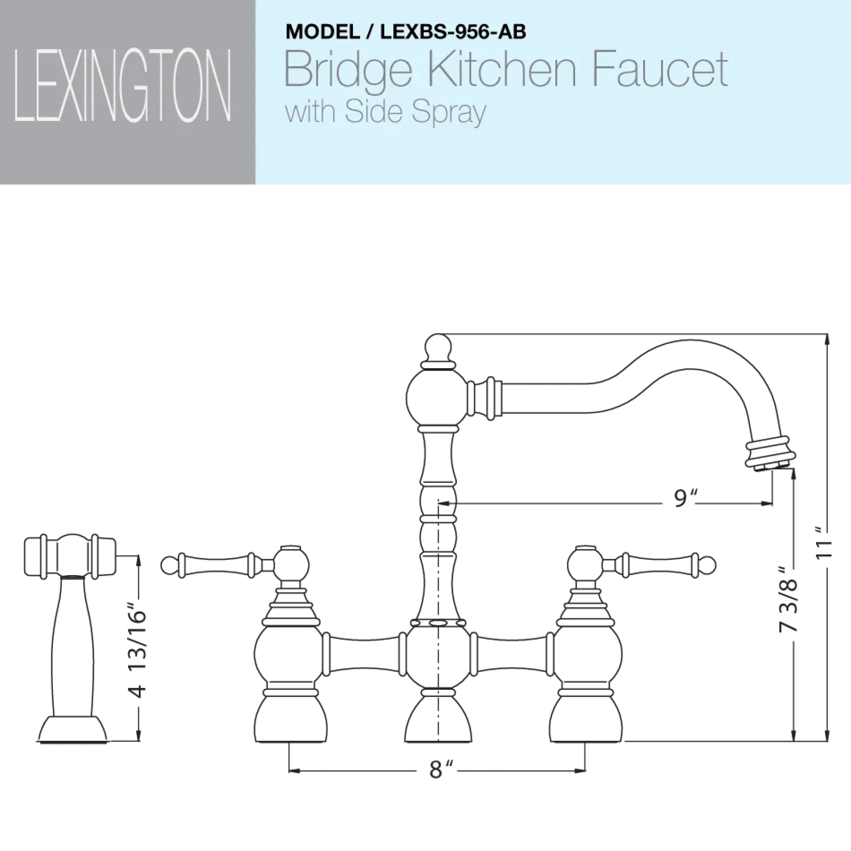 Houzer Lexington Bridge Kitchen Faucet with Sidespray Antique Brass, LEXBS-956-AB