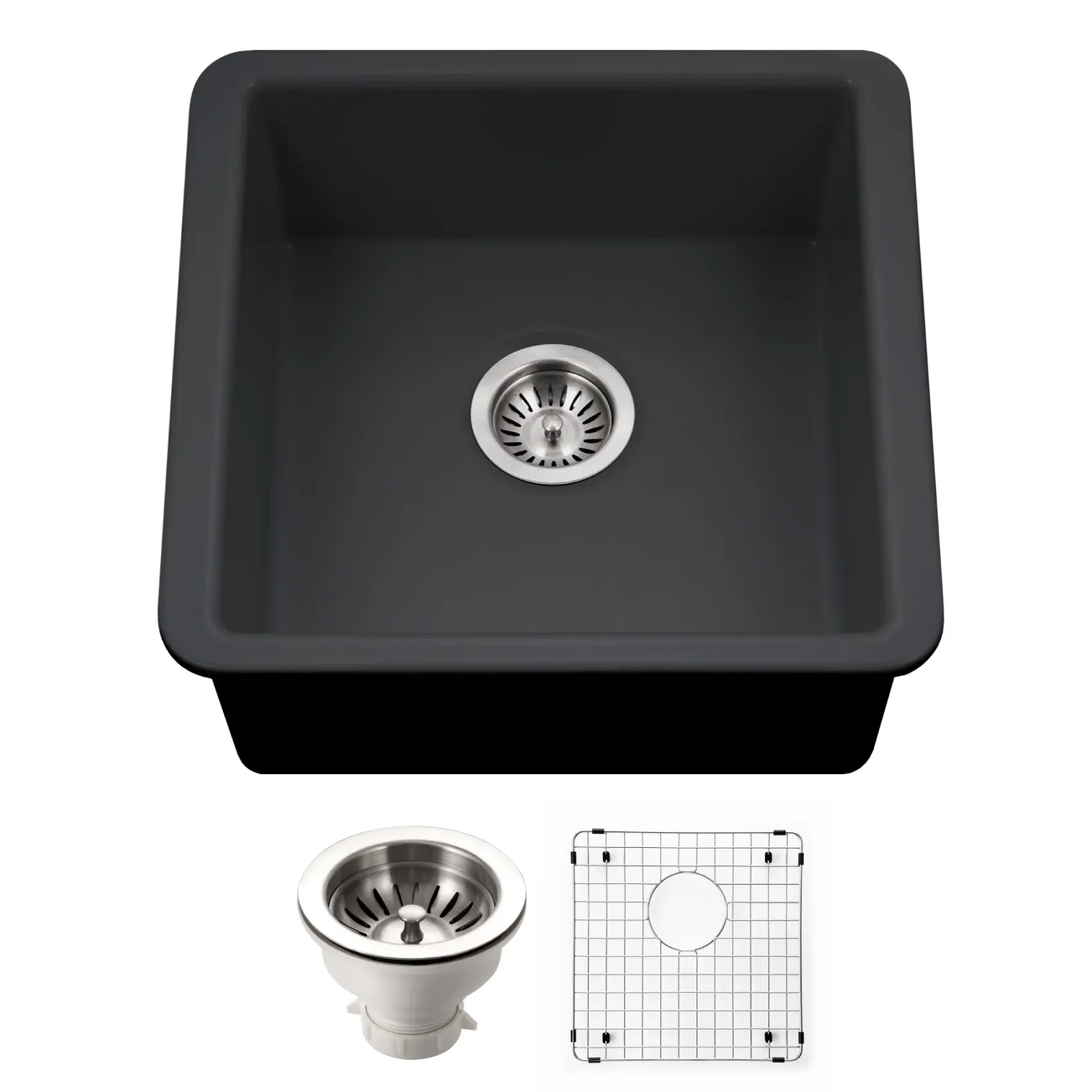 Houzer Platus 20 inch Black Fireclay Undermount Square Single Bowl Bar Sink - PTB-2020 BL-C with Basket Strainer and Basin Grid Included