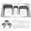 Houzer Premier 41 inch Stainless Steel Drop-in Topmount 4-hole Triple Bowl Kitchen Sink with Strainer & Grids - 18 Gauge, PGT-4322-C