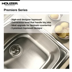 Houzer Premier 41 inch Stainless Steel Drop-in Topmount 4-hole Triple Bowl Kitchen Sink with Strainer & Grids - 18 Gauge, PGT-4322-C