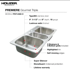 Houzer Premier 41 inch Stainless Steel Drop-in Topmount 4-hole Triple Bowl Kitchen Sink with Strainer & Grids - 18 Gauge, PGT-4322-C