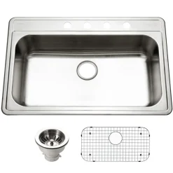 Houzer Premier 33 inch Stainless Steel Drop-in Topmount 4-hole Single Bowl Kitchen Sink with Strainer & Grid - 18 Gauge, PGS-3122-4-C