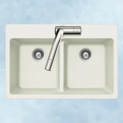 Houzer Quartztone 33" Cloud Granite Composite Drop-in Topmount 50/50 Double Bowl Kitchen Sink - M-200 CLOUD