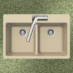 Houzer Quartztone 33" Mocha Granite Composite Drop-in Topmount 50/50 Double Bowl Kitchen Sink - M-200 SAND
