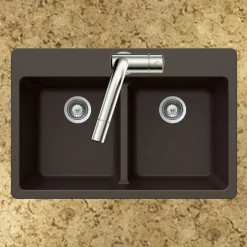 Houzer Quartztone 33" Mocha Granite Composite Drop-in Topmount 50/50 Double Bowl Kitchen Sink - M-200 MOCHA
